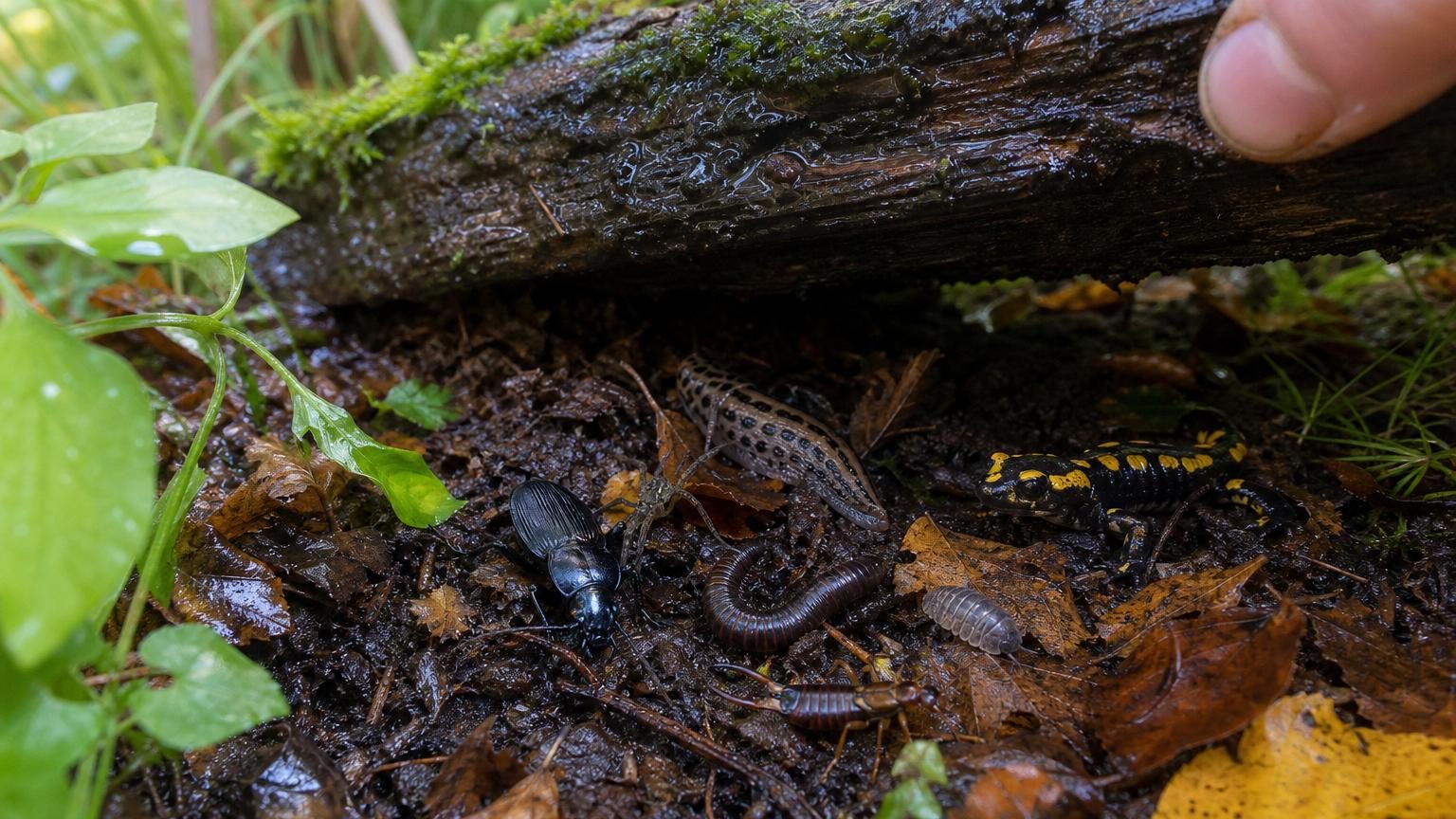 Planche de bois posée au sol dans un jardin, entourée de feuilles mortes et de mousse, refuge naturel pour la microfaune