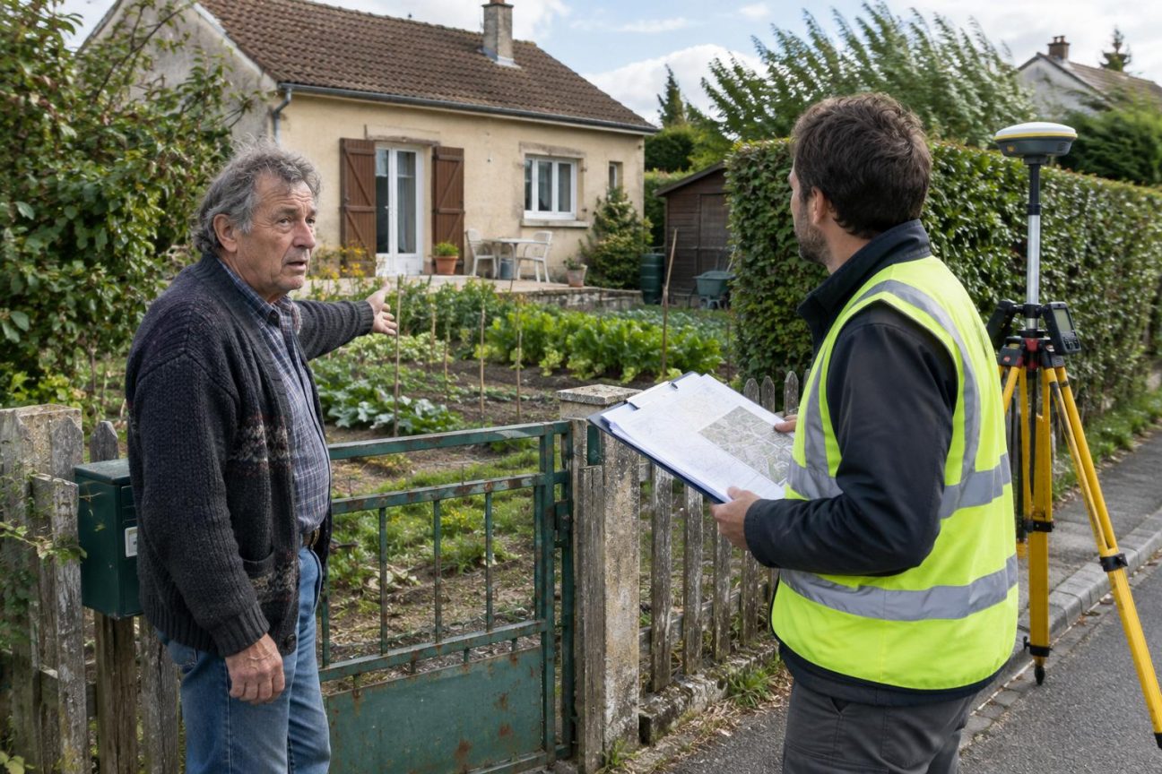 Bernard observe son jardin aux haies qu'il taille depuis 31 ans, ignorant que les limites officielles ne correspondent pas à ce qu'il croyait connaître de sa propriété.