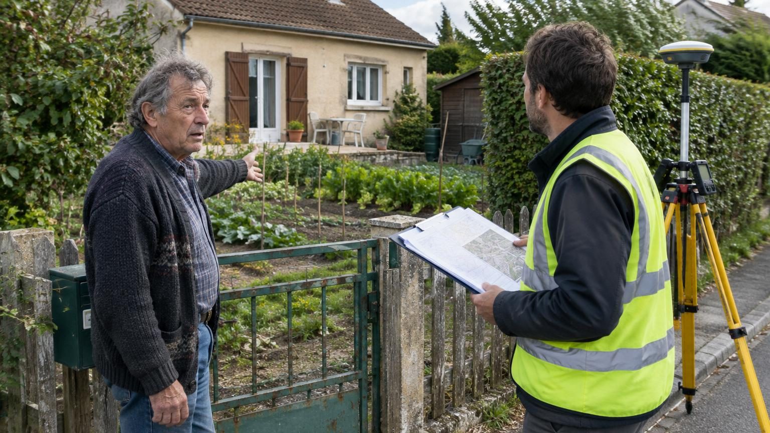 Bernard observe son jardin aux haies qu'il taille depuis 31 ans, ignorant que les limites officielles ne correspondent pas à ce qu'il croyait connaître de sa propriété.