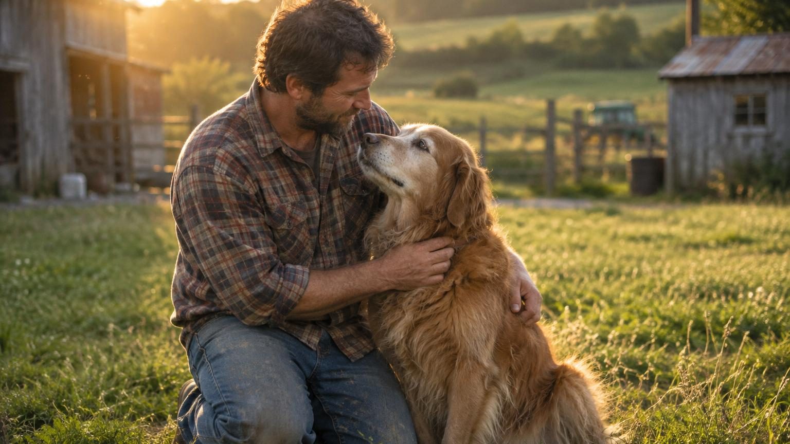 Un vieux golden retriever allongé patiemment au sol tandis que de petits poussins jaunes grimpent sur son dos et se blottissent contre lui dans une ambiance rurale calme et bienveillante.