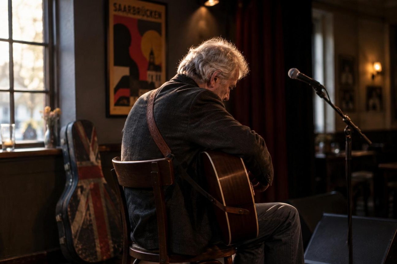 Portrait d'un musicien anglais aux cheveux gris tenant sa guitare, dans une petite salle de concert intimiste aux murs modestes avec quelques spectateurs attentifs.