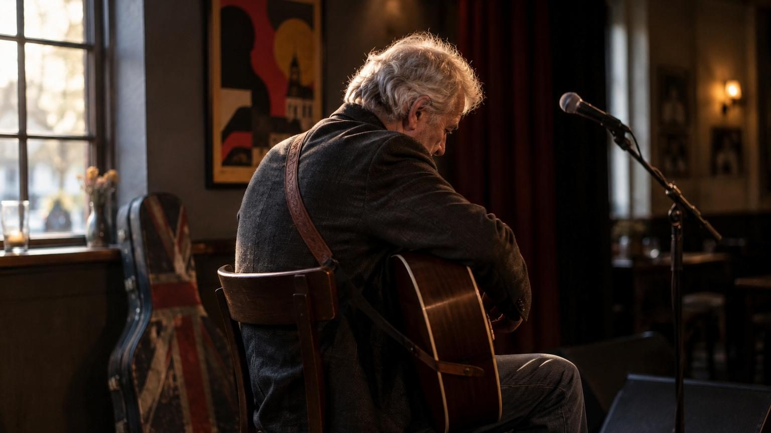 Portrait d'un musicien anglais aux cheveux gris tenant sa guitare, dans une petite salle de concert intimiste aux murs modestes avec quelques spectateurs attentifs.