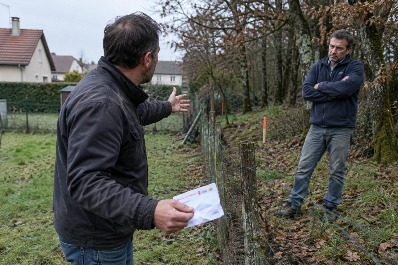 Deux hommes debout devant un plan cadastral déroulé, pointant du doigt les limites d'une parcelle, avec des arbres et une clôture en arrière-plan