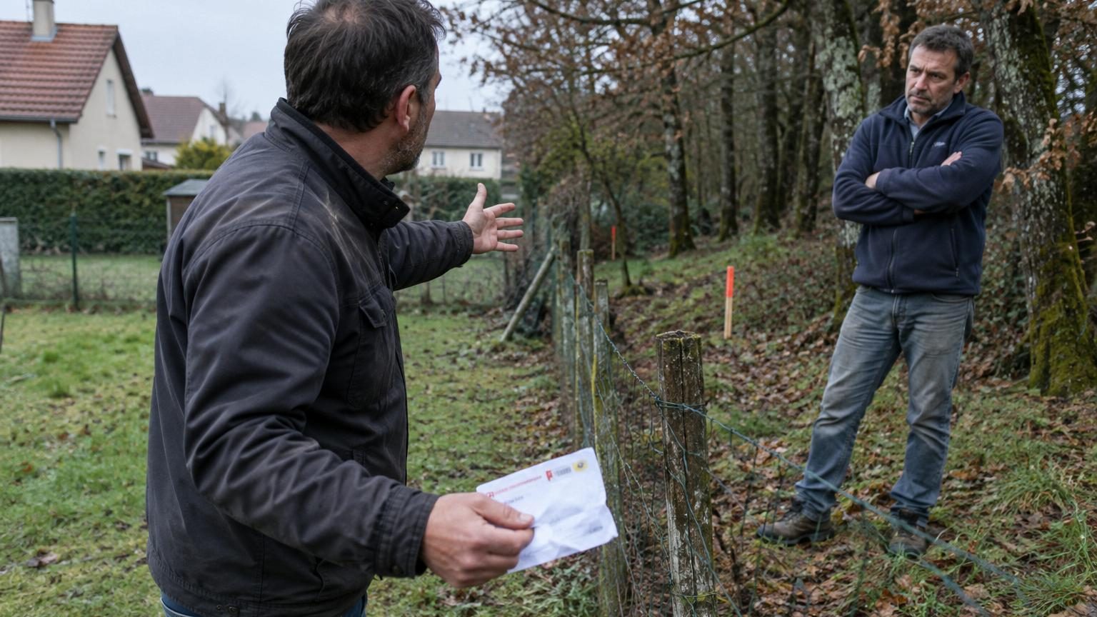 Deux hommes debout devant un plan cadastral déroulé, pointant du doigt les limites d'une parcelle, avec des arbres et une clôture en arrière-plan