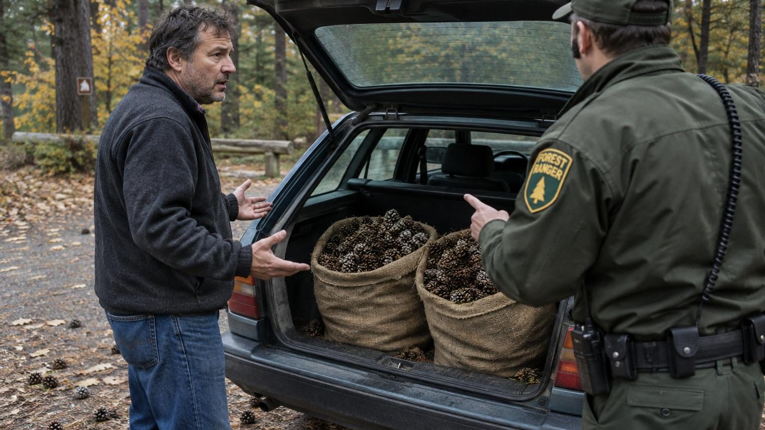 Un homme ouvre le coffre arrière de sa voiture où deux grands sacs de pommes de pin sont entassés, tandis qu'un garde forestier de l'ONF s'approche pour l'interpeller sur un parking forestier en automne.