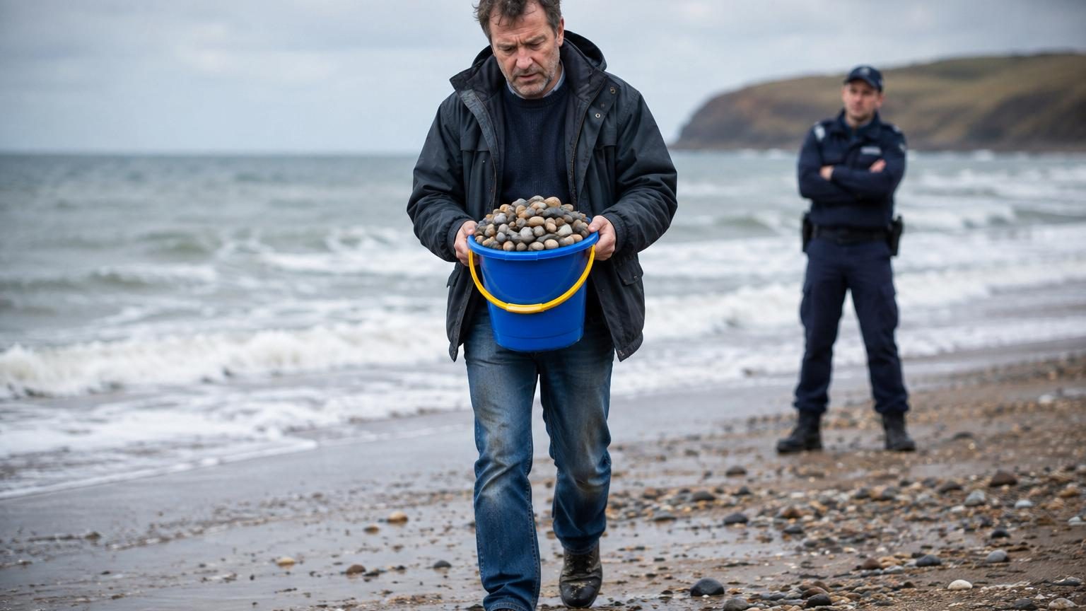 Jean de dos avec un seau bleu rempli de galets lisses à la sortie d'une plage d'automne, une gendarmerie visible en arrière-plan