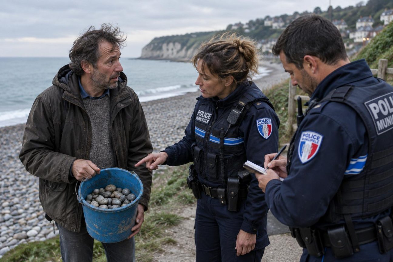 Un homme âgé remplit un seau bleu de galets lisses et ronds ramassés sur une plage ensoleillée, tandis qu'un agent de police municipale l'observe à distance.