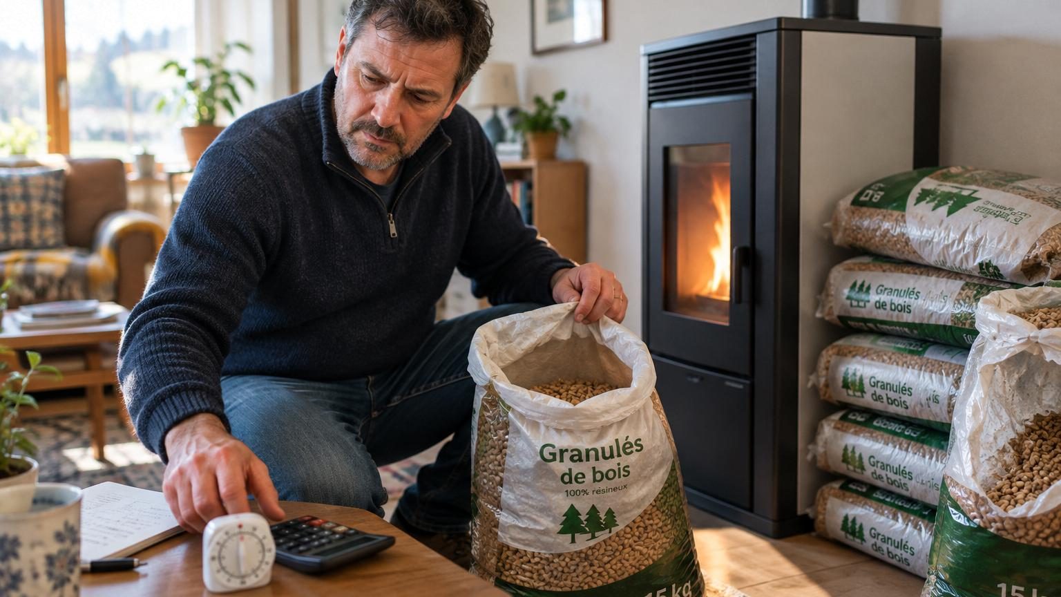 Gros plan sur un poêle à pellets en fonctionnement avec un sac de granulés à côté et un chronomètre posé dessus, illustrant la mesure de la durée de consommation.