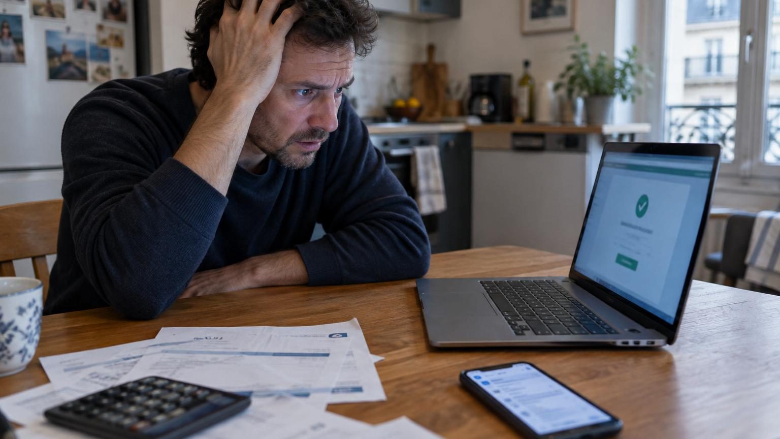 Écran d'ordinateur montrant une application bancaire avec un virement en cours, avec un mail de facture suspect affiché en arrière-plan illustrant une arnaque au changement de RIB