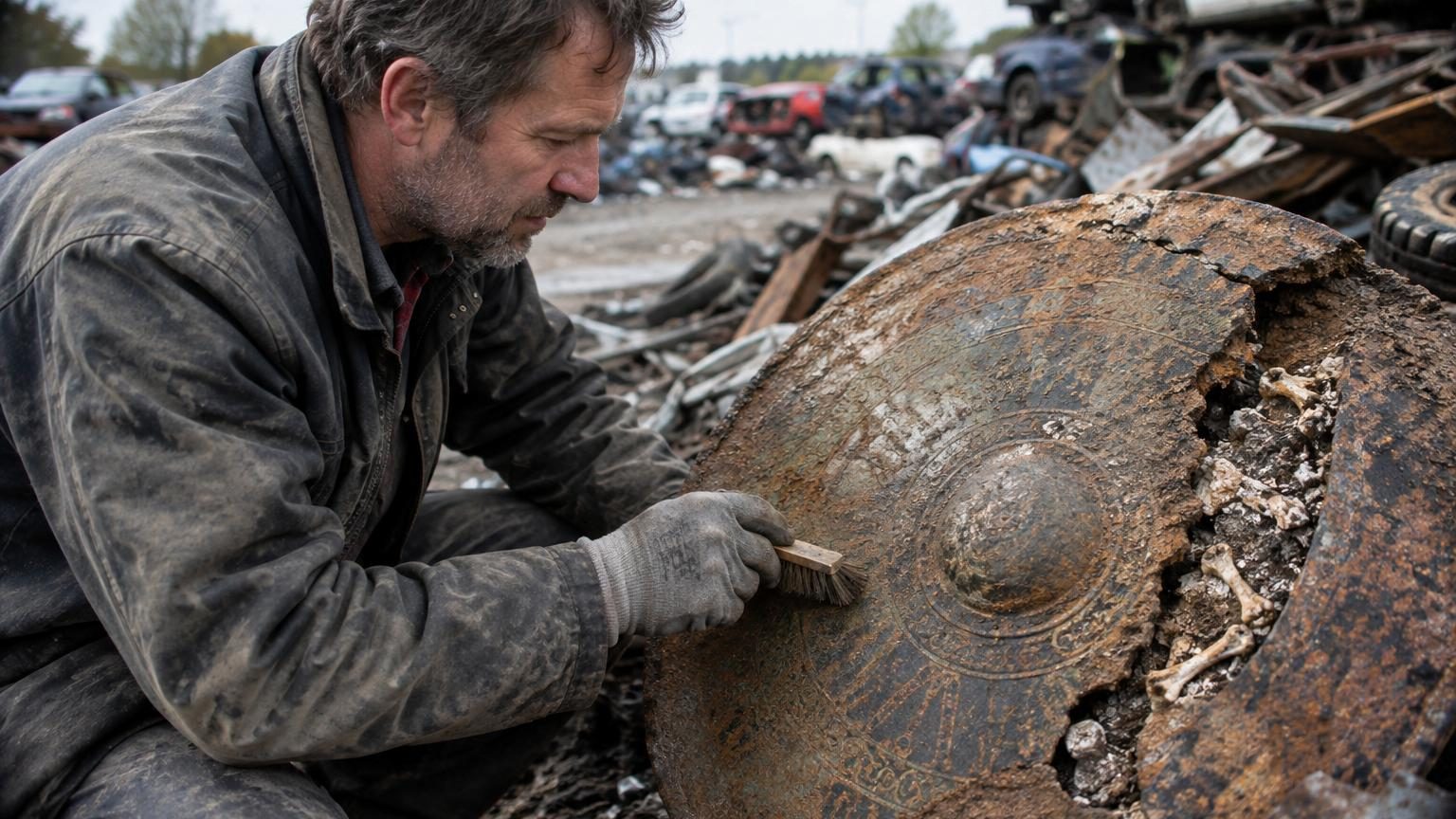 Umbo de bouclier antique en fer rouillé, bombé au centre, présenté sur fond neutre avec traces visibles de calcinisation et d'oxydation temporelle.