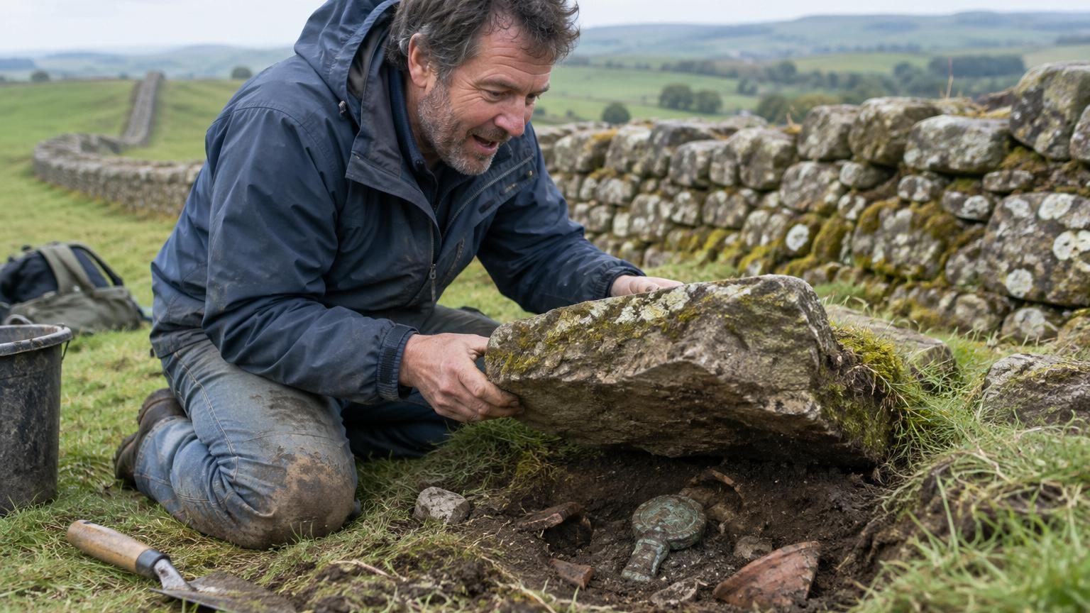 Relief de pierre sculptée représentant un Génie romain tenant une corne d'abondance et une patera, découvert sous une dalle d'une ancienne caserne du IVe siècle à Vindolanda.
