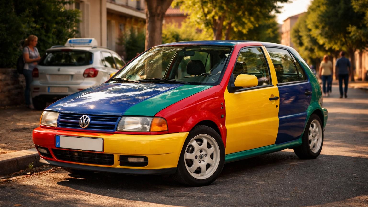 Volkswagen Polo Arlequin 1996 multicolore rouge, jaune, bleu et vert, avec carrosserie dépareillée, garée sur un parking