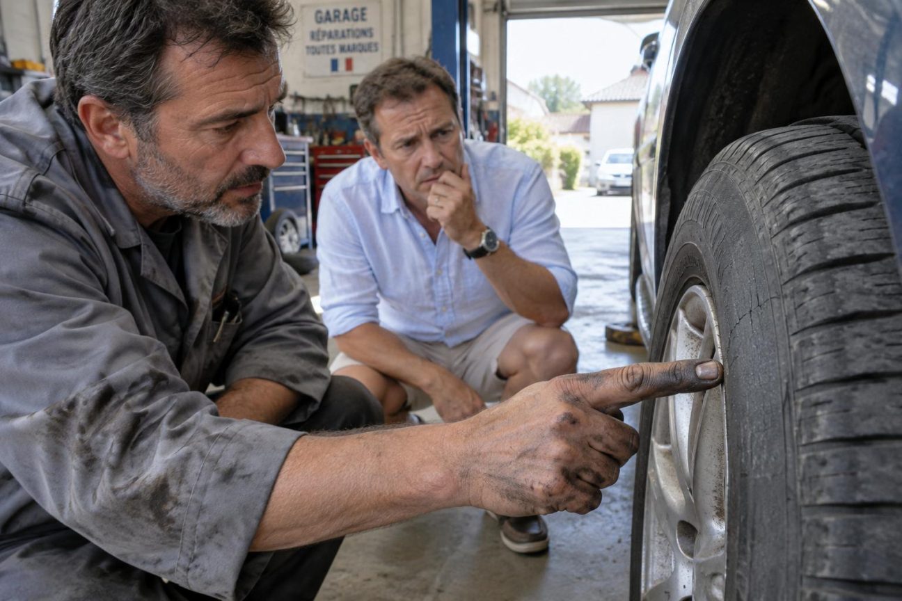 Gros plan sur le flanc d'un pneu noir montrant le code DOT (quatre chiffres encadrés) permettant de vérifier la date de fabrication du pneu.