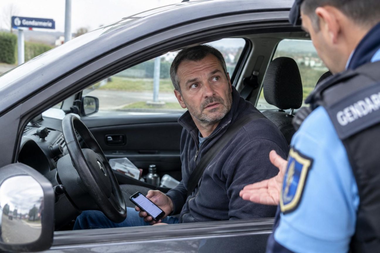 Gendarme en uniforme procédant à un contrôle routier, approchant un conducteur au volant d'une voiture avec son téléphone visible en main.