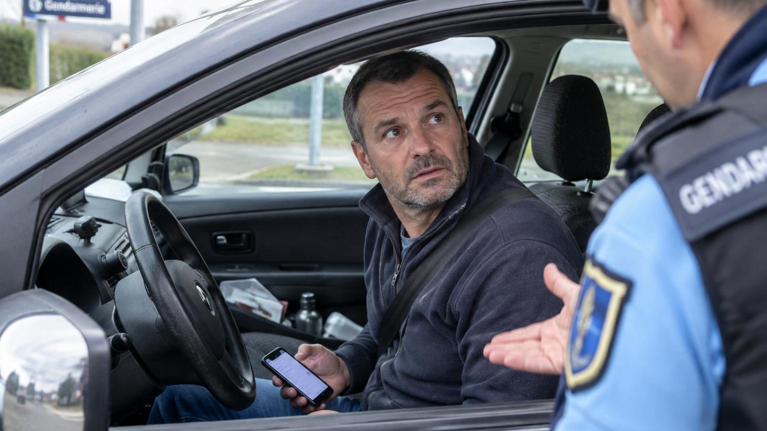Gendarme en uniforme procédant à un contrôle routier, approchant un conducteur au volant d'une voiture avec son téléphone visible en main.
