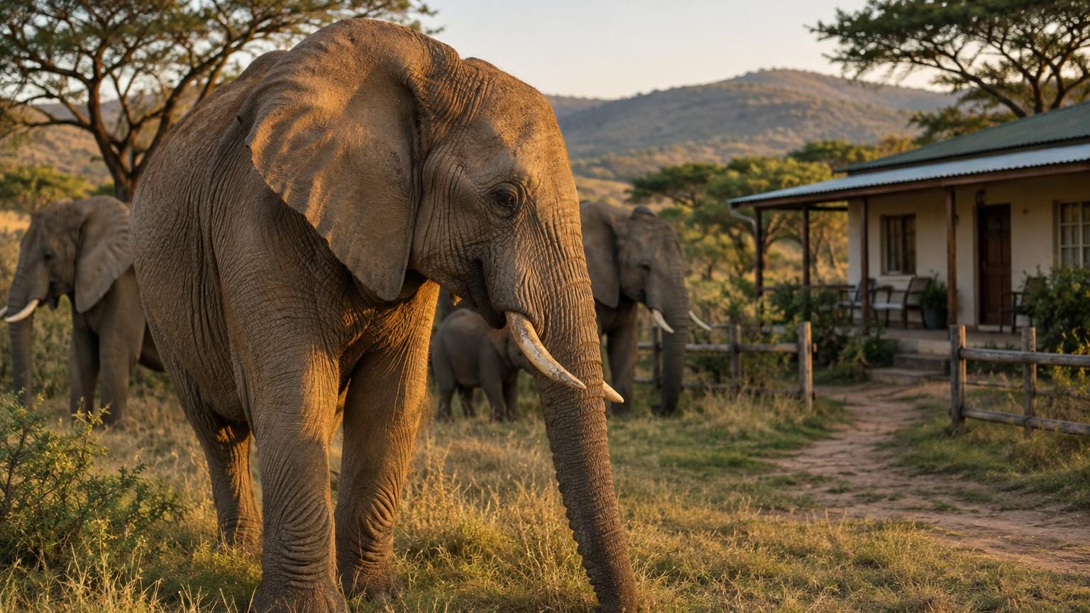 Un troupeau d'éléphants marchant en file indienne dans la savane africaine vers une maison au cœur de la réserve, symbolisant leur lien avec leur protecteur décédé.
