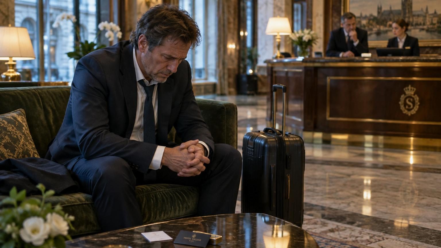 Homme en costume dans un hall d'hôtel de luxe, symbole de l'arnaque et de l'usurpation d'identité judiciaire.
