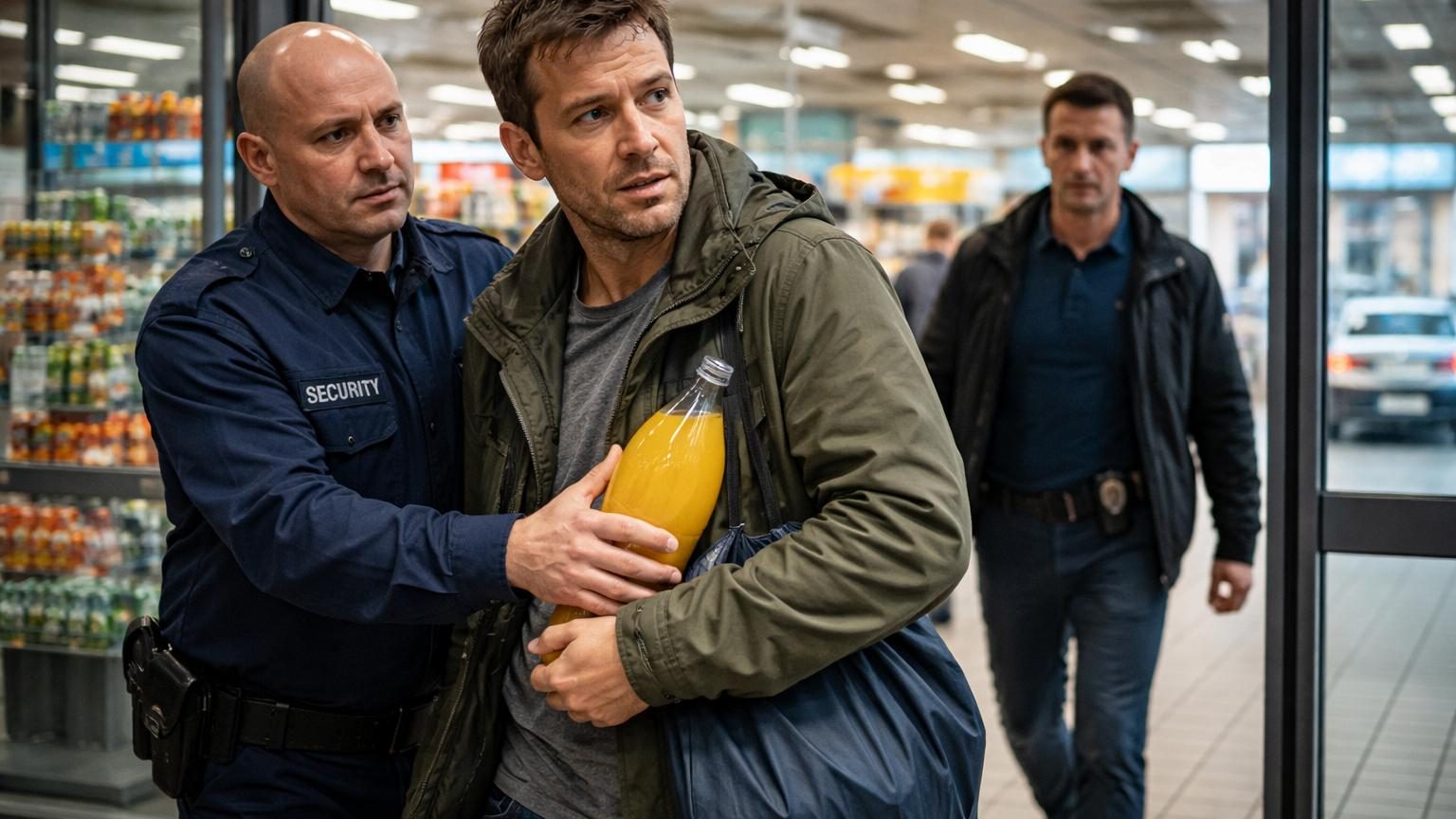 Intérieur d'un supermarché avec allées de produits, client face aux rayonnages et personnel de sécurité en arrière-plan.