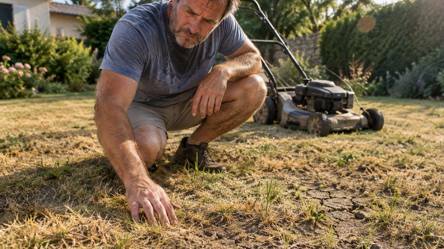 Gros plan sur l'herbe d'une pelouse avec des plaques jaunes et desséchées, terrain nu visible par endroits, après une tonte trop courte