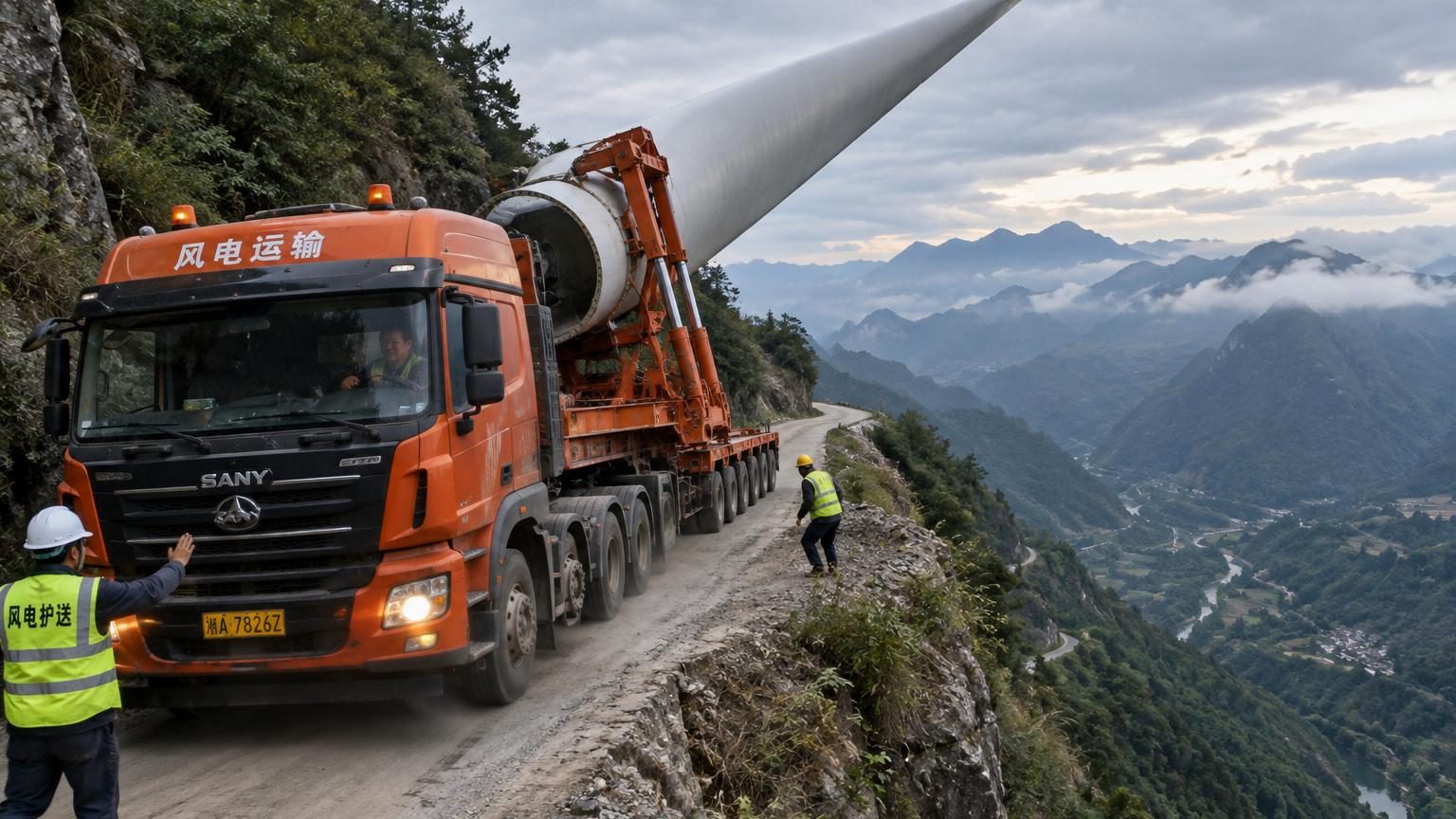 Un camion transportant une pale d'éolienne de 118 mètres inclinée à plus de 60 degrés avance lentement sur une route de montagne étroite du Hunan, en Chine, guidé par des véhicules d'escorte.