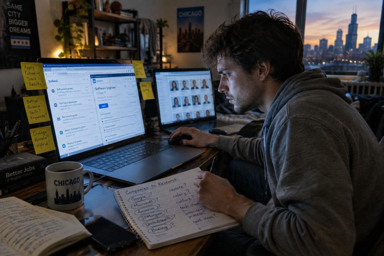 Illustration montrant un homme face à son ordinateur, analysant des profils LinkedIn suspects et signalant des offres d'emploi frauduleuses sur son écran.