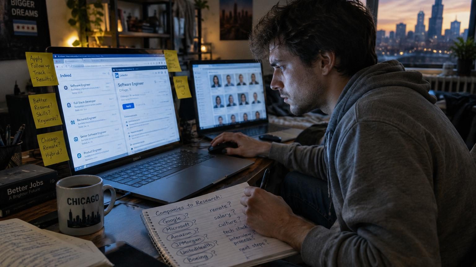 Illustration montrant un homme face à son ordinateur, analysant des profils LinkedIn suspects et signalant des offres d'emploi frauduleuses sur son écran.