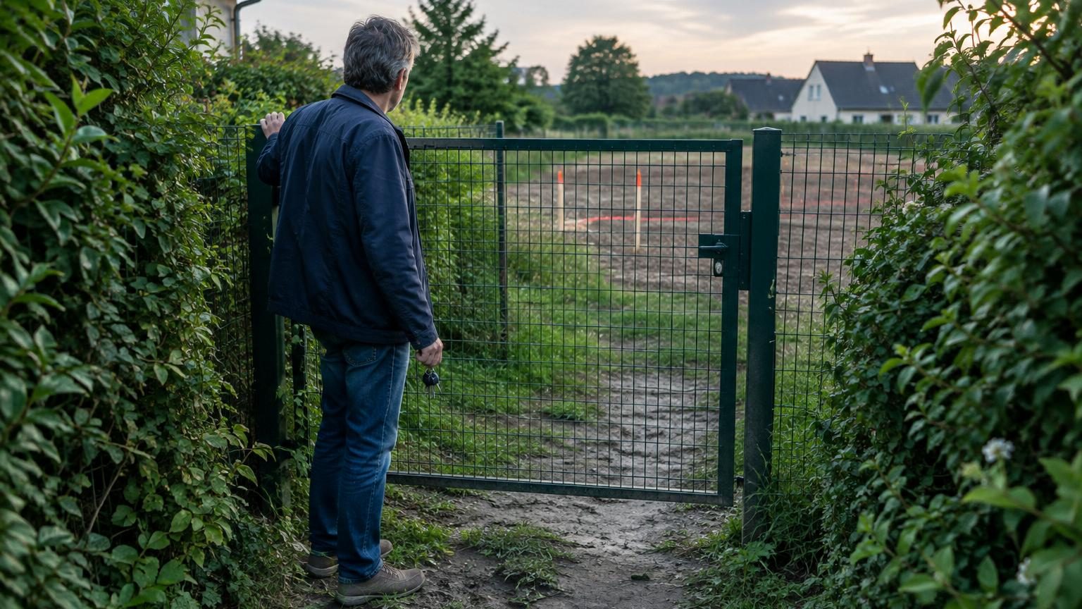 Vue aérienne d'une petite maison avec un sentier de terre battue menant au portail, bordé de haies et entouré de parcelles agricoles cadastrales délimitées par des clôtures.