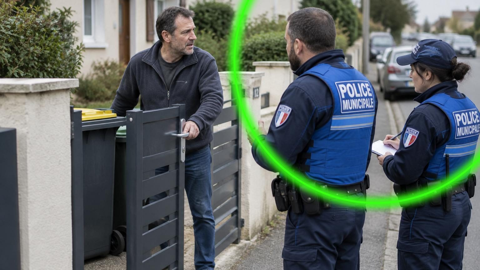 Un homme d'âge moyen tire avec difficulté un bac à ordures bleu coincé entre un portail, une voiture et un trottoir étroit par mauvais temps, symbolisant le parcours du combattant quotidien avant d'installer un portillon de passage.