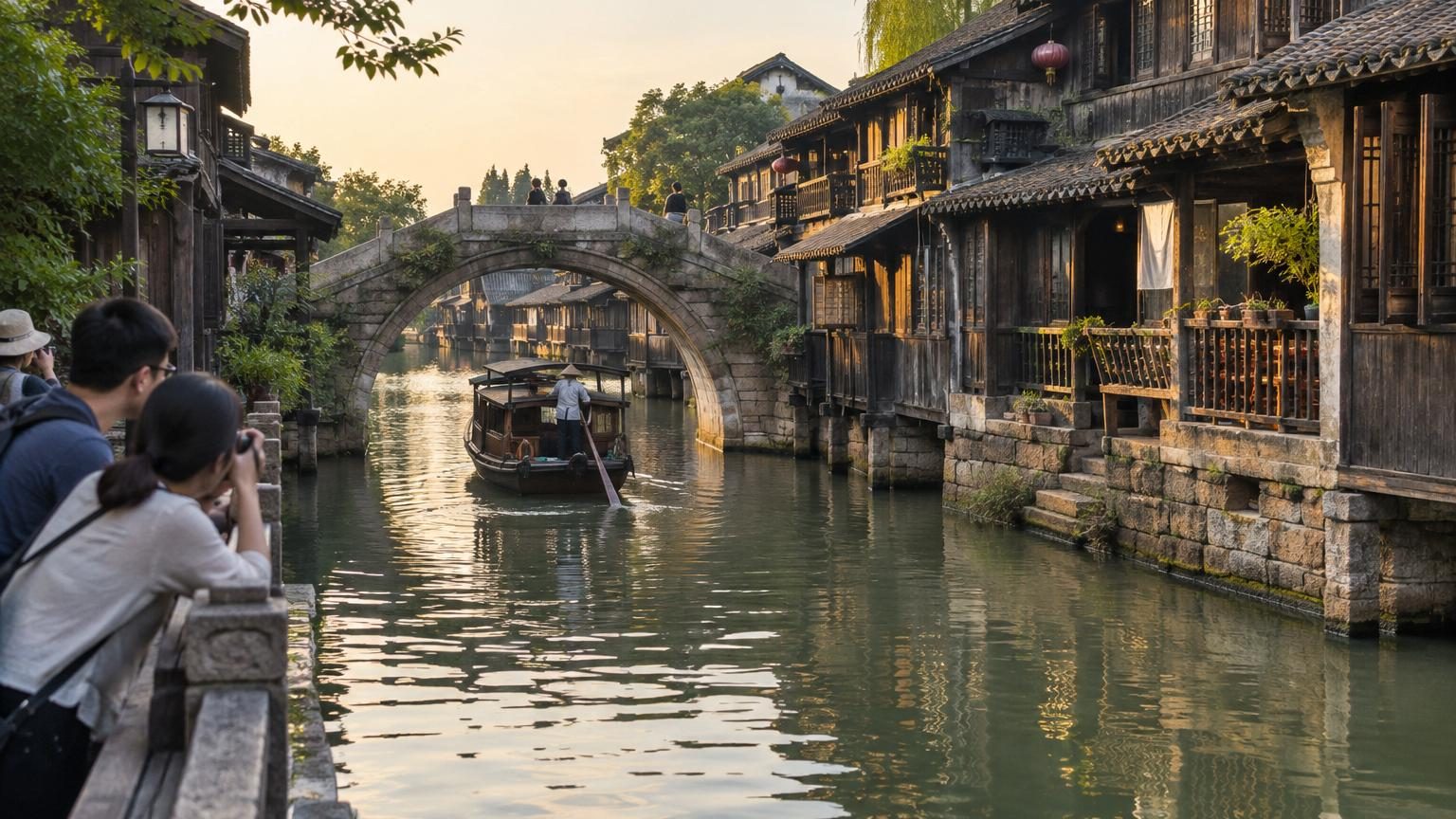 Canaux entourés de maisons en bois sombre avec arcades et ponts de pierre, reflets sur l'eau claire, architecture traditionnelle chinoise du village d'eau de Wuzhen