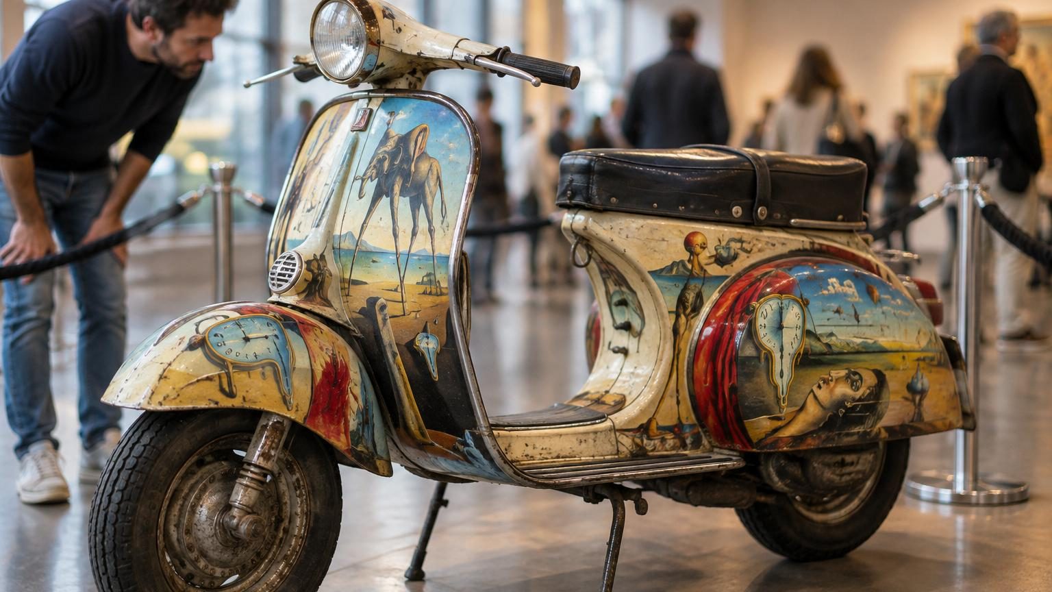 Vespa S 125 de 1962 avec peintures surréalistes de Salvador Dalí: croix, épée et couronne, signature de l'artiste visible sur le carénage blanc et bleu.