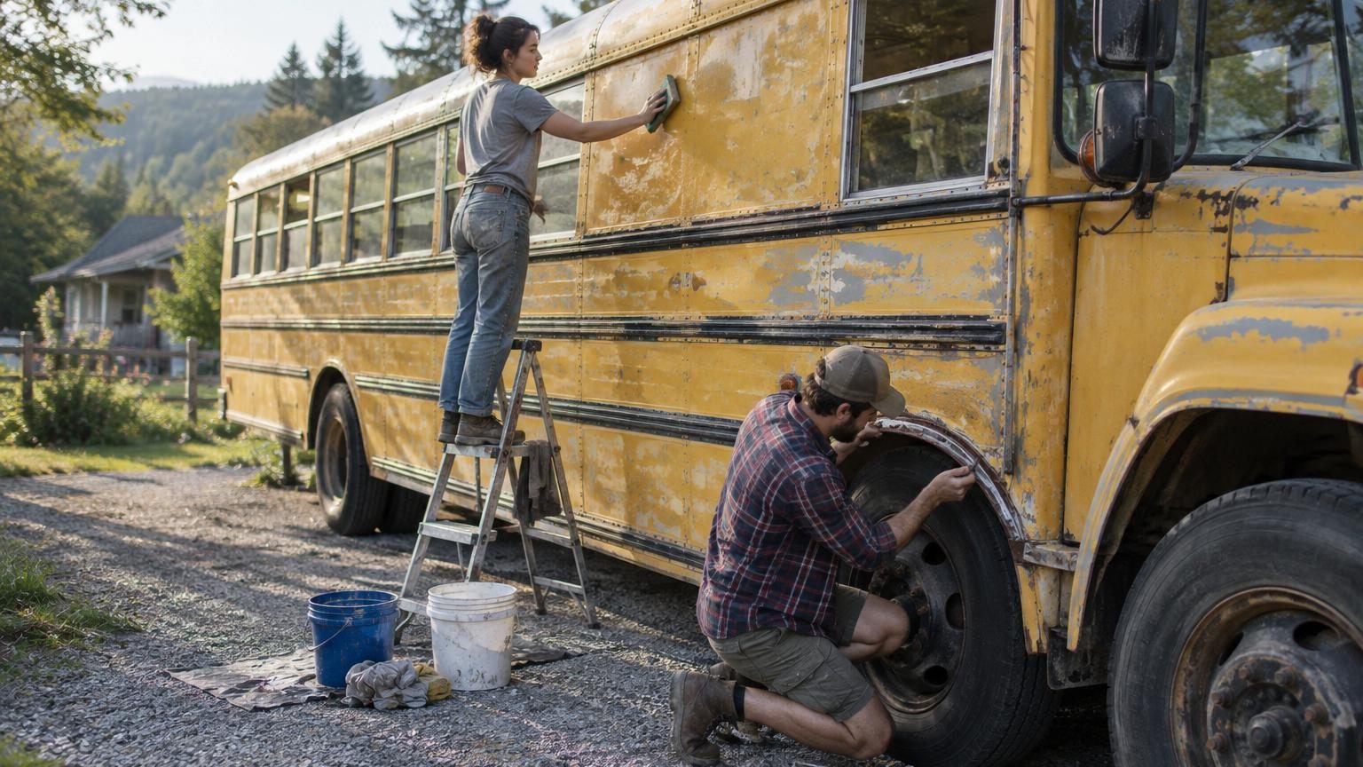 Couple penché sous le châssis d'un ancien bus scolaire jaune, inspectant la mécanique avec une lampe frontale, carnet de diagnostic à la main.
