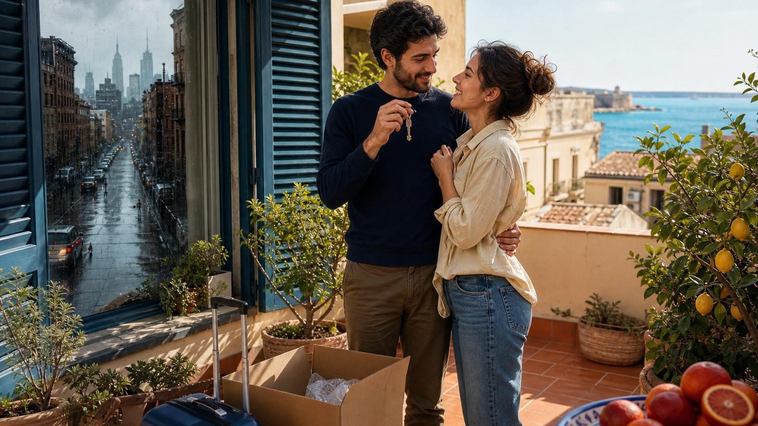 Un couple reçoit les clés d'un appartement sicilien depuis sa cuisine new-yorkaise, avec une terrasse bleue et la mer en arrière-plan visible à l'écran