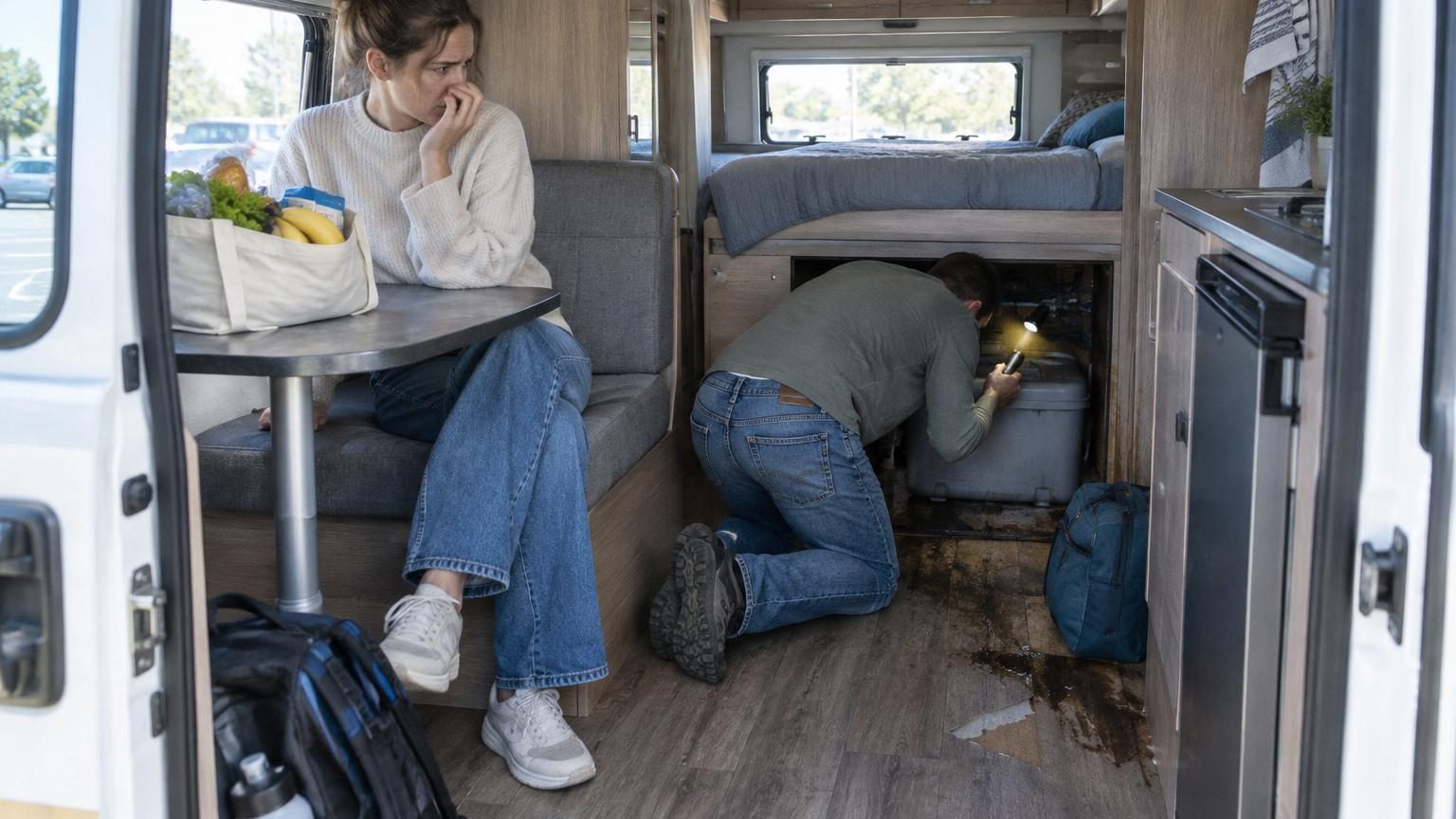 Intérieur de camping-car montrant un plancher endommagé avec bois cloqué et pourri suite à une infiltration d'eau ancienne, révélée après découverte d'une odeur suspecte