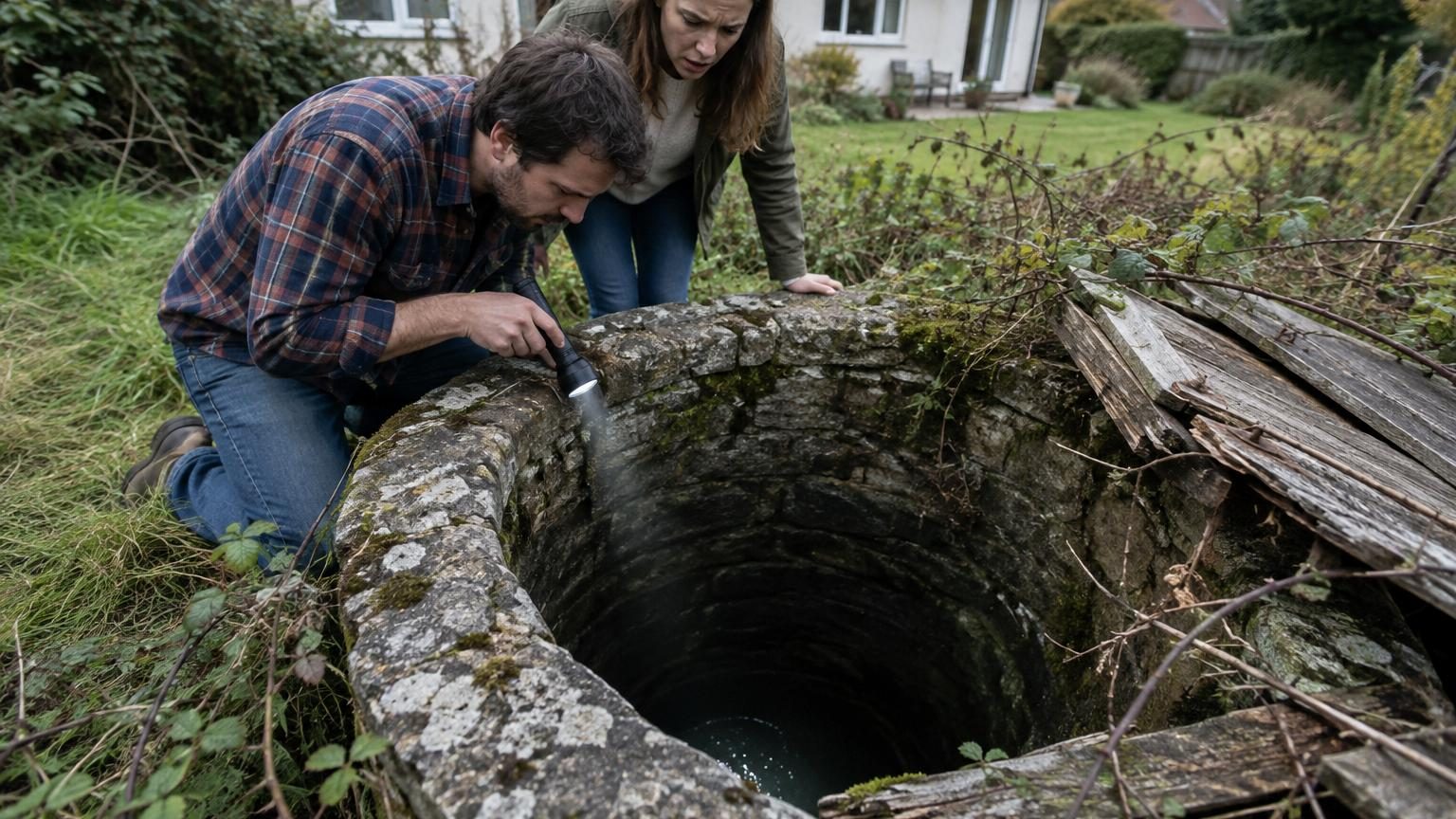 Vue en coupe d'un vieux puits en pierre ronde révélant une nappe phréatique active à plusieurs mètres de profondeur, découvert par un couple sous un couvercle de planches pourries.