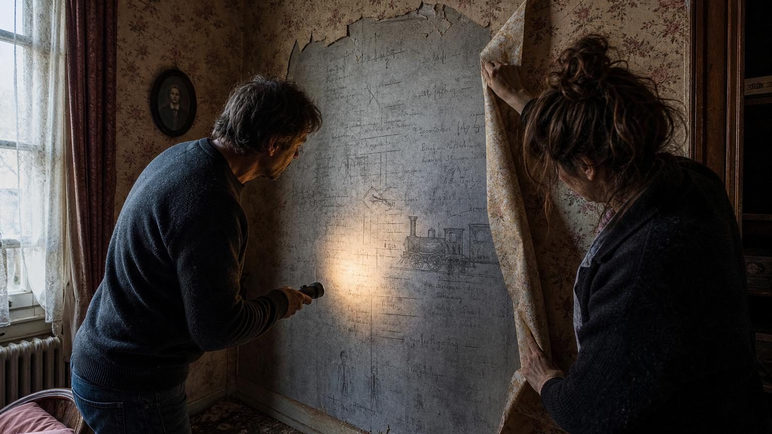 Une chambre avec un mur gris présentant des écritures et des dates au crayon datant de la Seconde Guerre mondiale, partiellement recouvert par du papier peint floral rose et blanc décollé.