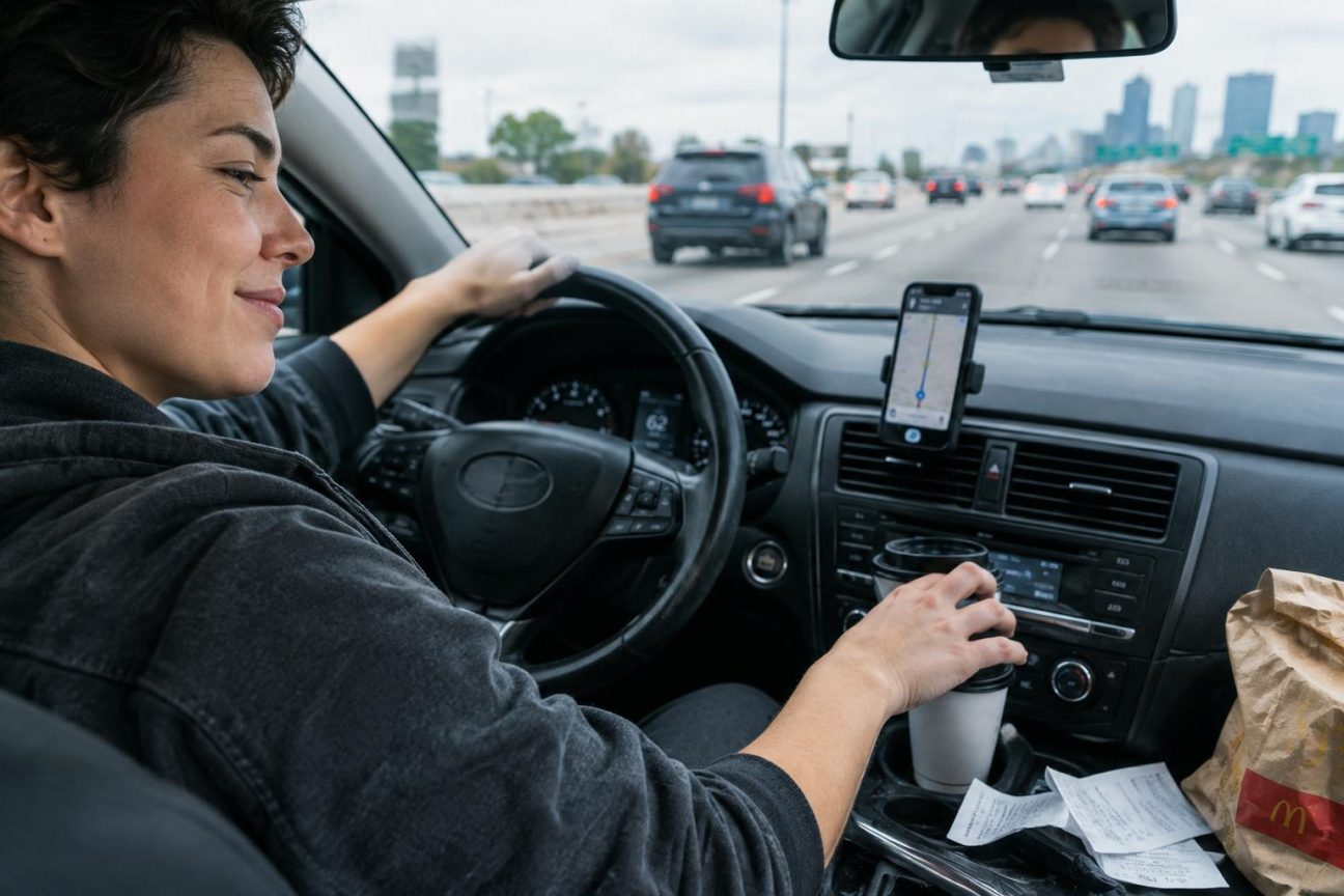 Conducteur à la main sur le volant d'une voiture, avec téléphone visible, boisson et distractions dans l'habitacle illustrant les comportements dangereux au volant