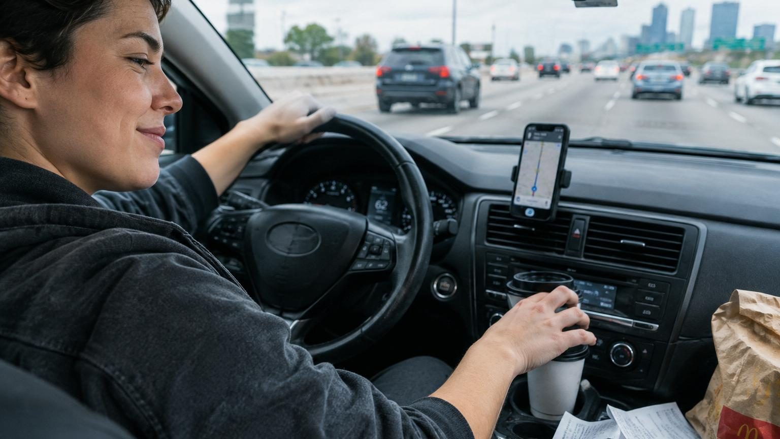 Conducteur à la main sur le volant d'une voiture, avec téléphone visible, boisson et distractions dans l'habitacle illustrant les comportements dangereux au volant