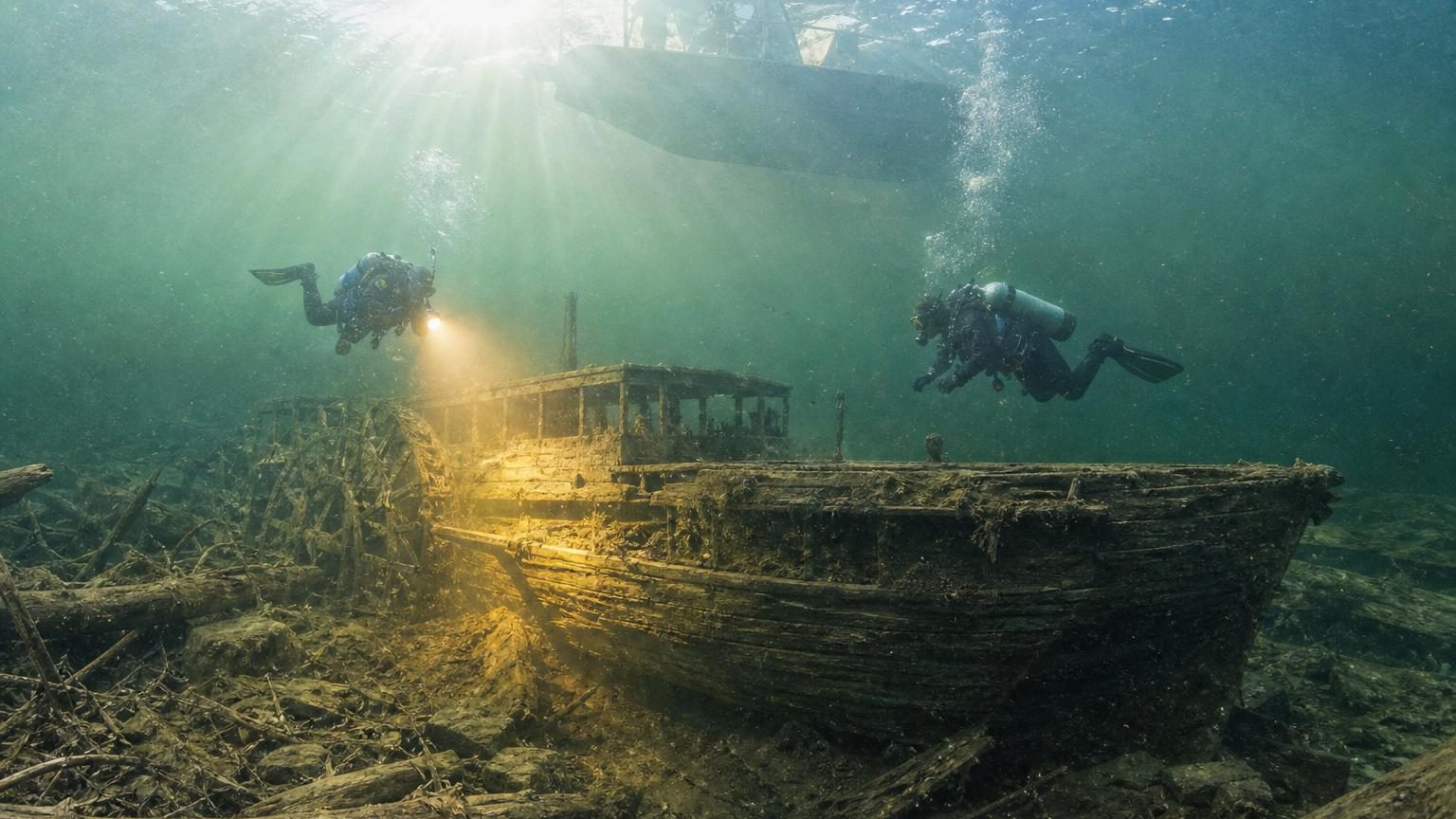 Illustration d'un bateau à vapeur du XIXe siècle avec roues à aubes latérales naviguant sur une rivière.