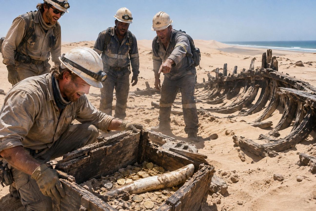 Épave archéologique du navire portugais Bom Jesus avec lingots de cuivre, pièces d'or et objets historiques du XVIe siècle découverts dans le sable du désert côtier namibien.