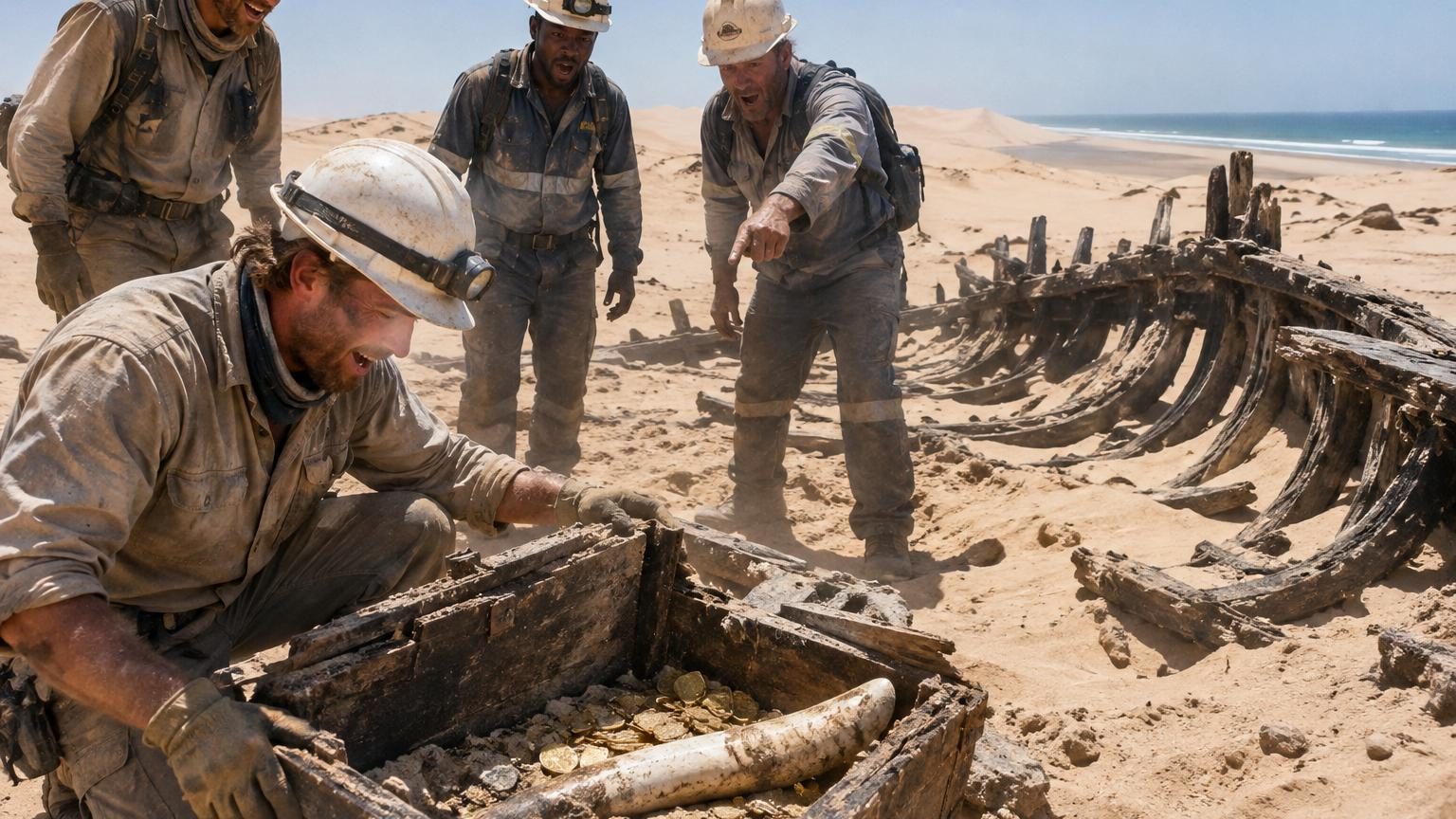 Épave archéologique du navire portugais Bom Jesus avec lingots de cuivre, pièces d'or et objets historiques du XVIe siècle découverts dans le sable du désert côtier namibien.