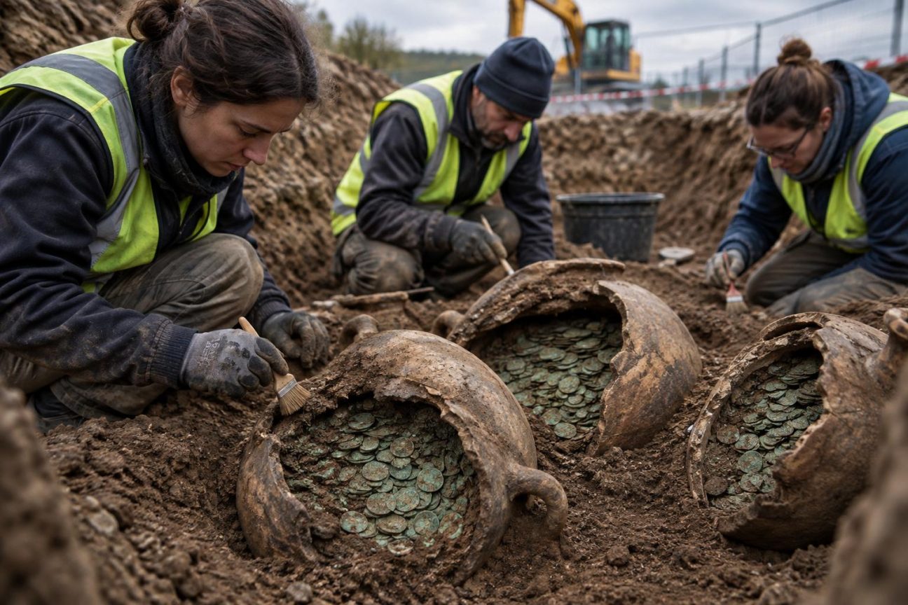 Trois grandes jarres en céramique gallo-romaine contenant des milliers de pièces de bronze corrodées, dégagées du sol lors de fouilles archéologiques préventives à Senon.