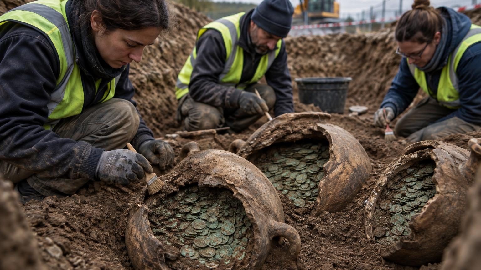 Trois grandes jarres en céramique gallo-romaine contenant des milliers de pièces de bronze corrodées, dégagées du sol lors de fouilles archéologiques préventives à Senon.