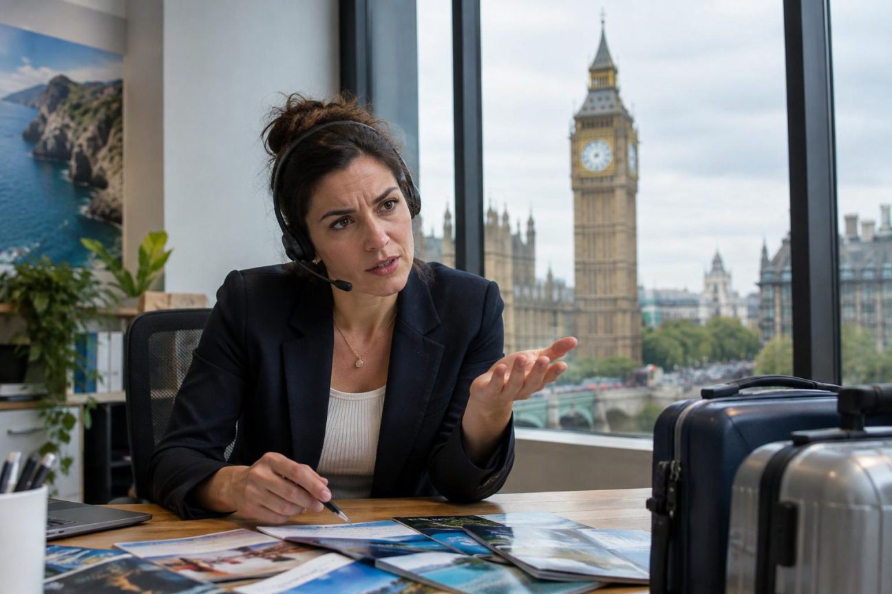 Touristes assis sur une plage de sable fin face à la mer, avec Big Ben visible en arrière-plan, illustrant l'absurdité de réclamer que le sable soit moins sableux ou les monuments moins anciens.