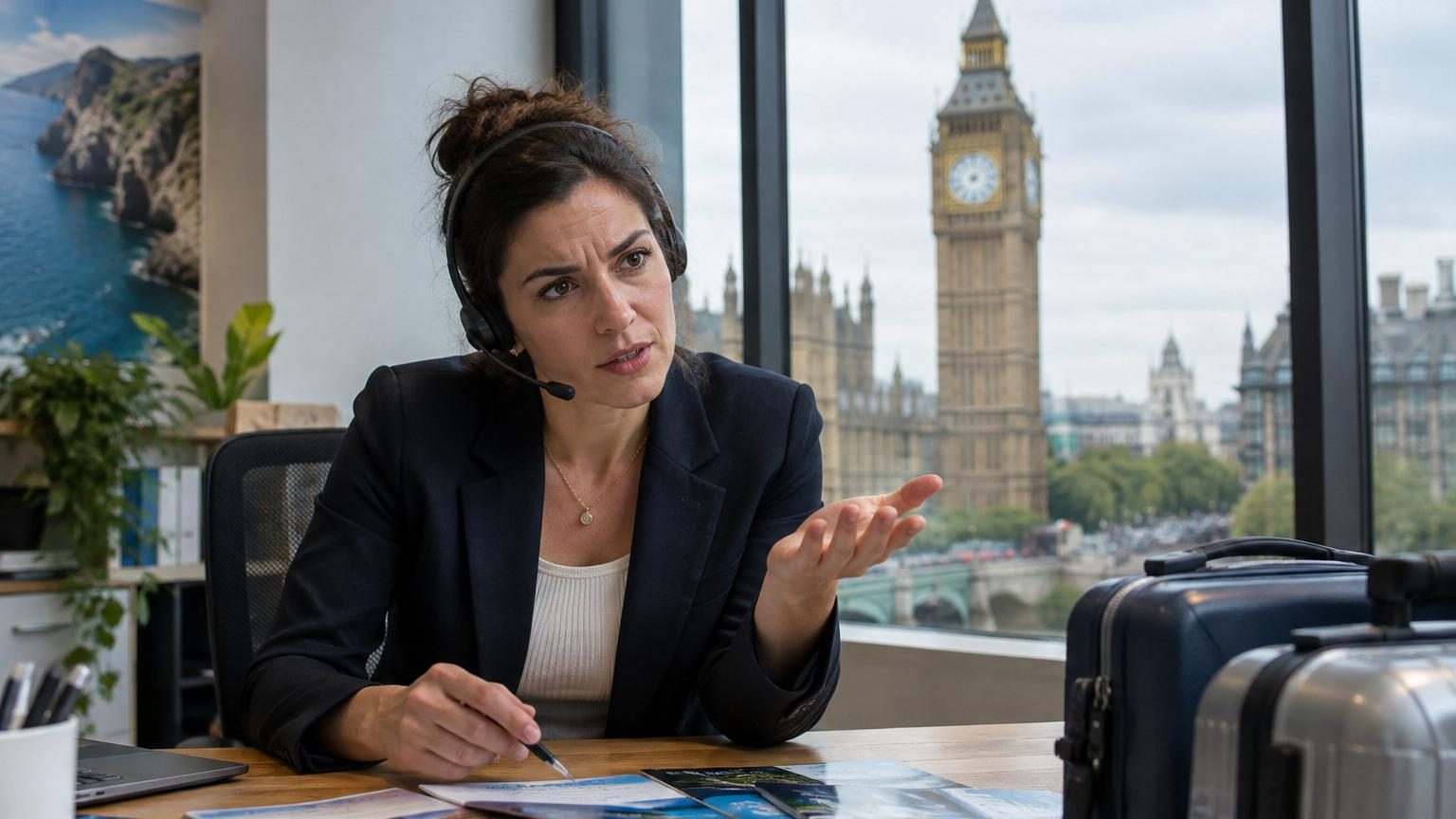 Touristes assis sur une plage de sable fin face à la mer, avec Big Ben visible en arrière-plan, illustrant l'absurdité de réclamer que le sable soit moins sableux ou les monuments moins anciens.