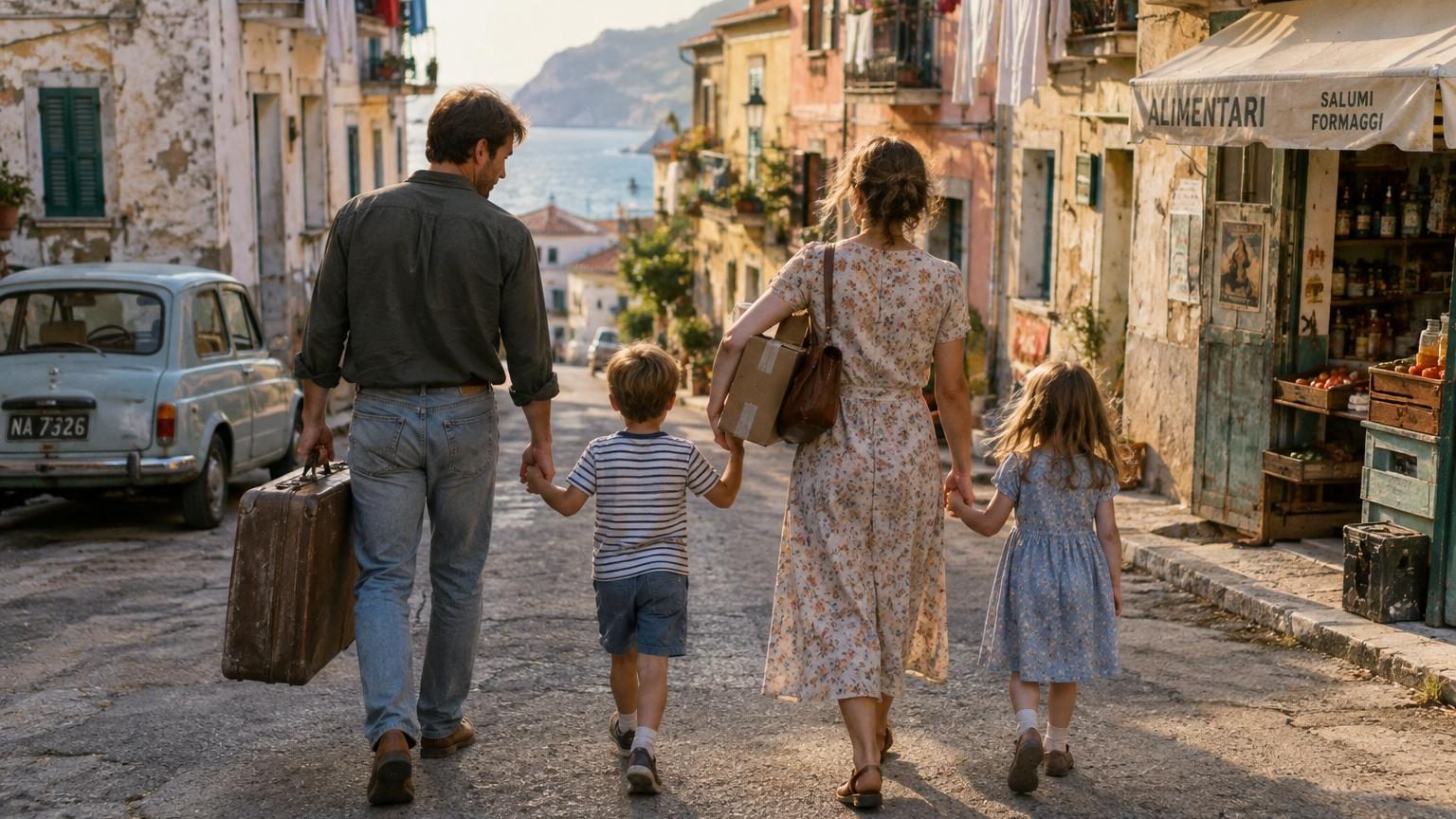 Une famille avec deux enfants en pyjama préparant ses cartons devant une maison méditerranéenne, symbolisant le contraste entre le rêve d'un départ et la réalité administrative qui l'attend.