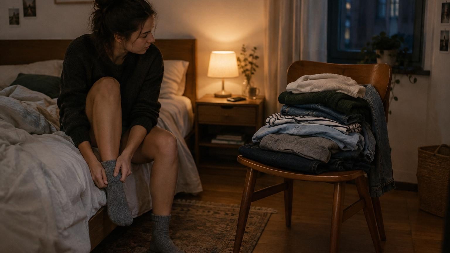 Une chaise de chambre recouverte de pulls, jeans pliés et chemises empilés en attente de rangement