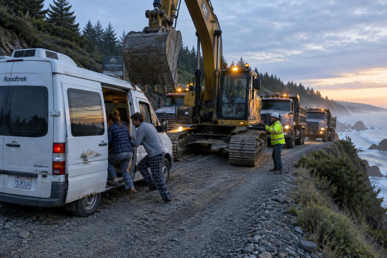 Un camping-car garé face à l'océan au coucher de soleil avec des engins de chantier et des camions-bennes visibles en arrière-plan au matin.