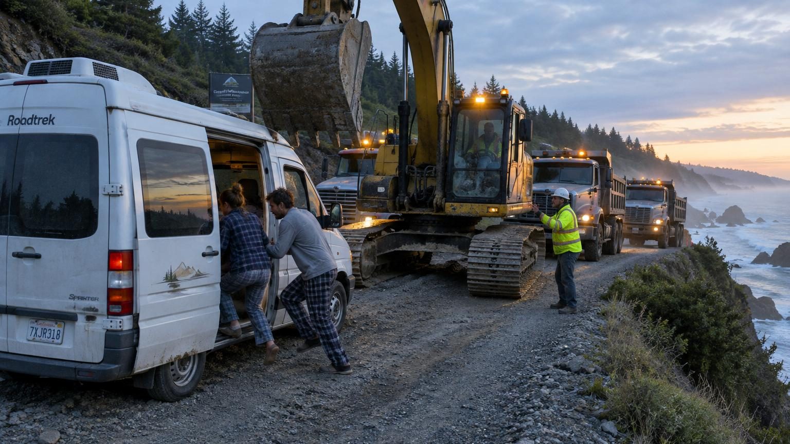 Un camping-car garé face à l'océan au coucher de soleil avec des engins de chantier et des camions-bennes visibles en arrière-plan au matin.