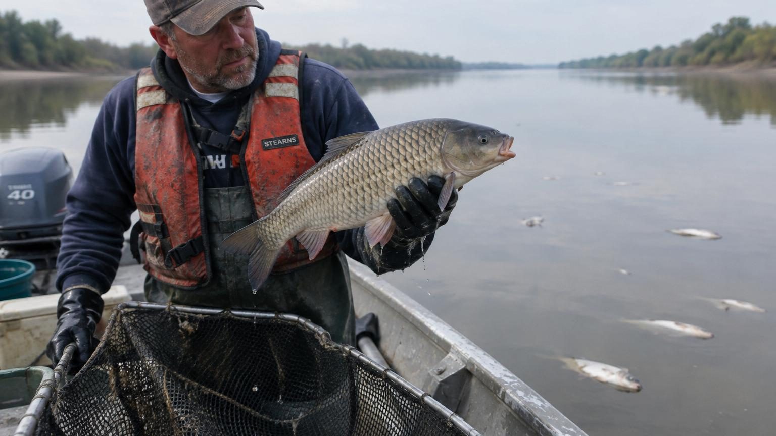 Pêcheur assis sur une glacière vide aux bords d'un fleuve trouble, regardant l'eau où seules des carpes massives surgissent à la surface, symbole de l'épuisement des poissons traditionnels du Mississippi.