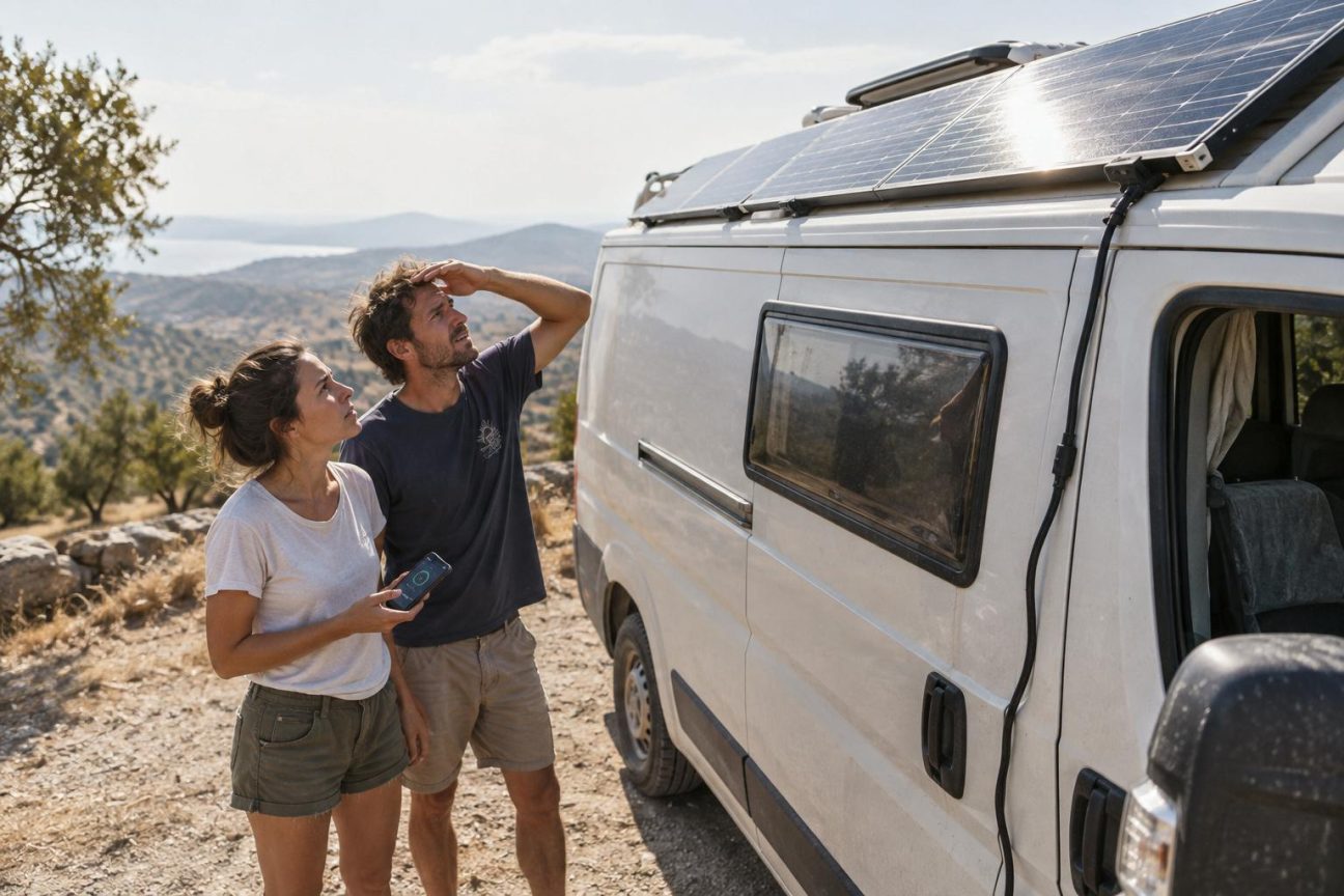 Un couple dans un camping-car souriant devant l'écran d'une application d'énergie solaire, avec des panneaux visibles sur le toit de leur véhicule aménagé